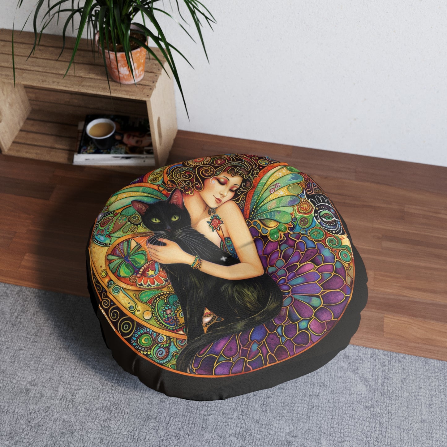 Spellbound Fairy Tufted Floor Pillow, Cozy Décor, Boho Living Room Cushion, Unique Gift for Cat Lovers, Artful Home Accent