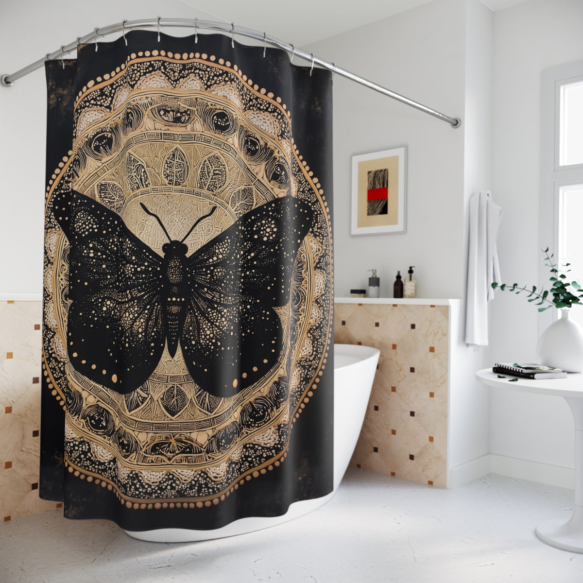 Gold Mandala Black Moth Shower Curtain | Boho Bathroom Decor