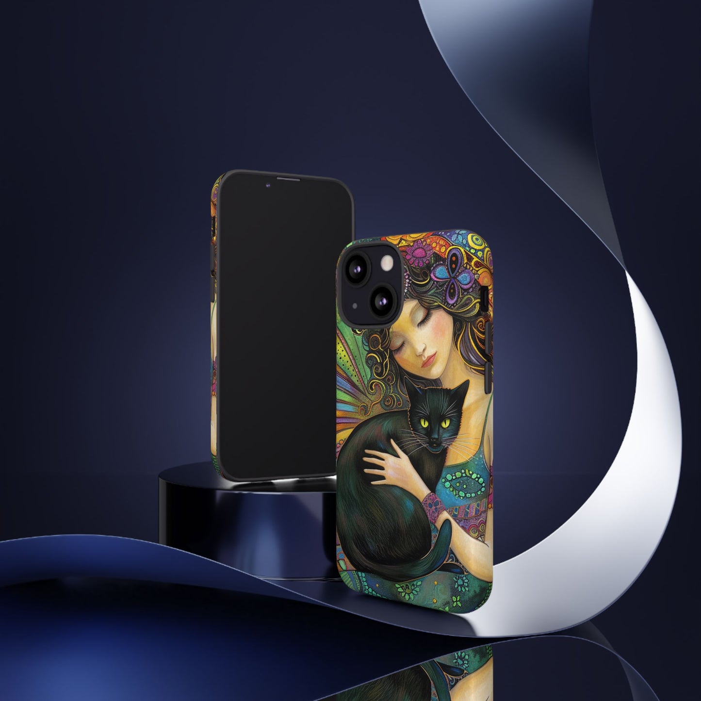 Artistic Phone Case, Celestial Cat Case, Bohemian Style, Gift for Cat Lovers, Unique Phone Protection, Colorful Design