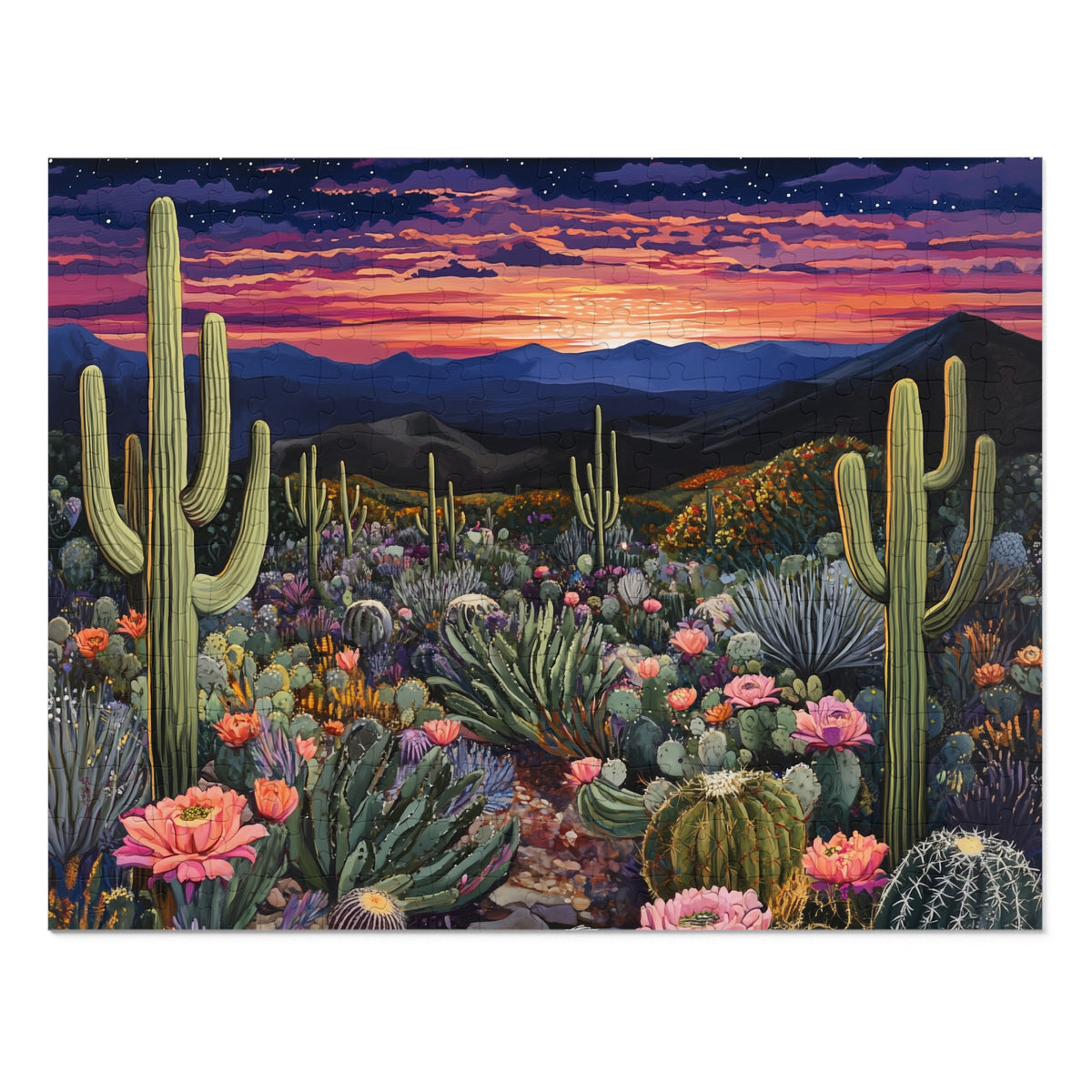Desert Cactus Sunset Jigsaw Puzzle with Tin | Desert Landscape Puzzle