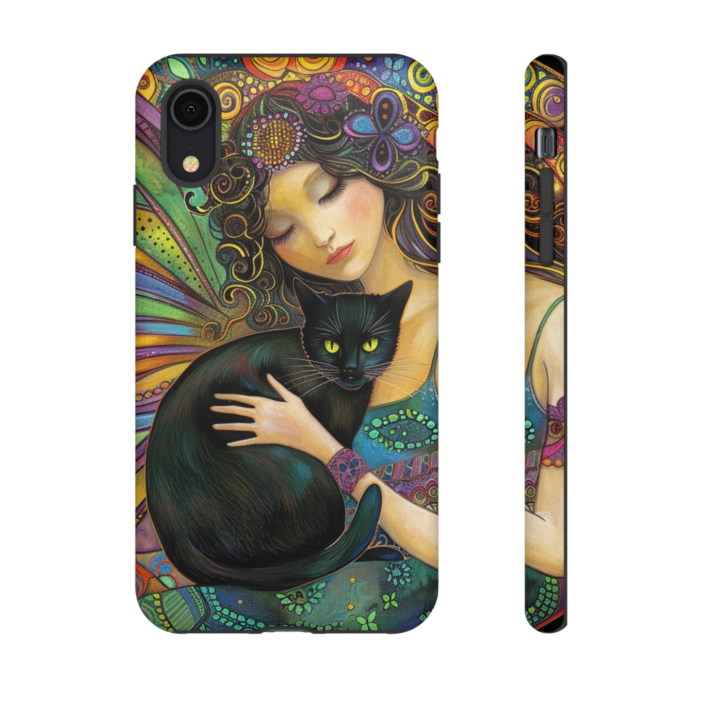 Artistic Phone Case, Celestial Cat Case, Bohemian Style, Gift for Cat Lovers, Unique Phone Protection, Colorful Design