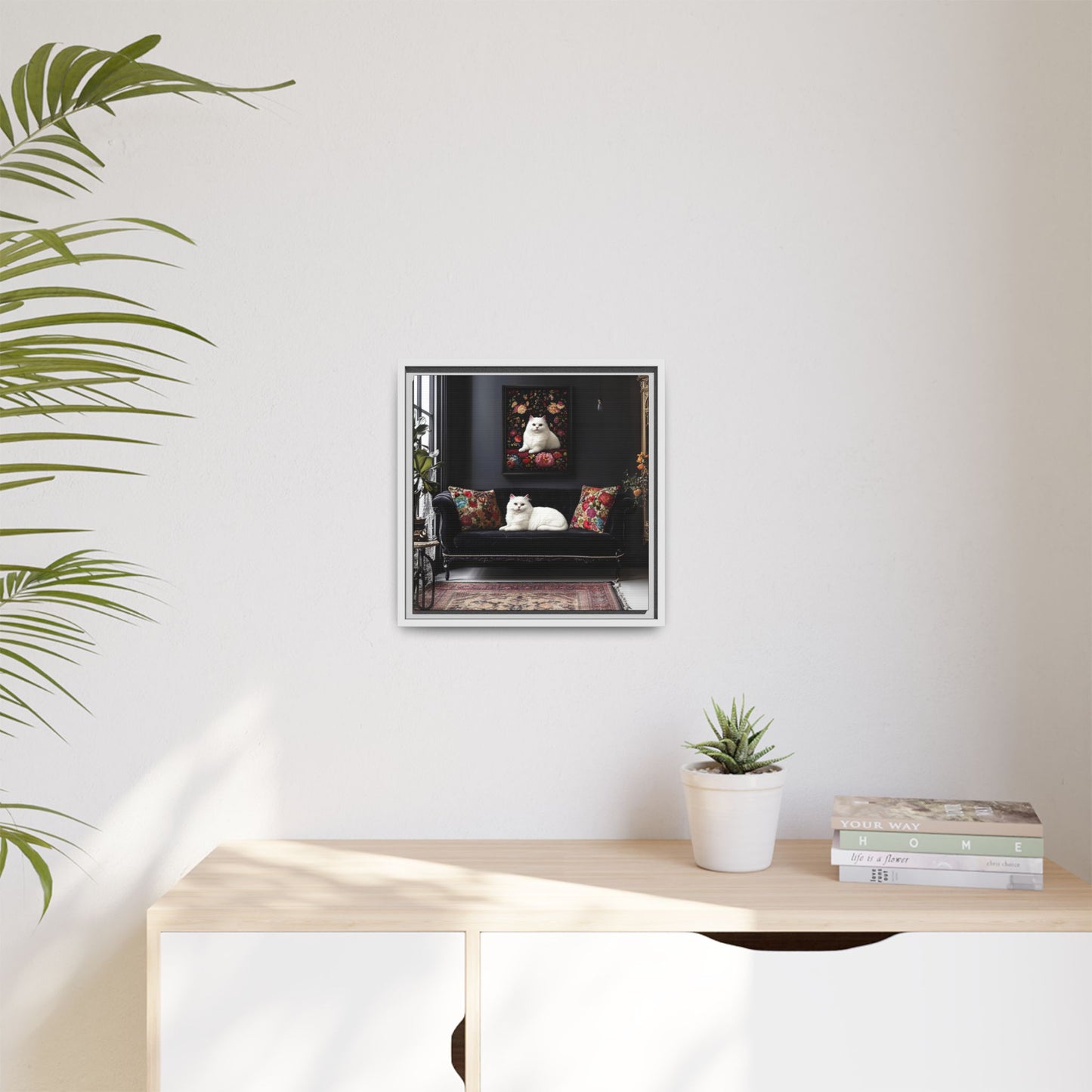 White Persian "House Cat" Portrait Matte Canvas Framed | Floral Still Life Wall Art