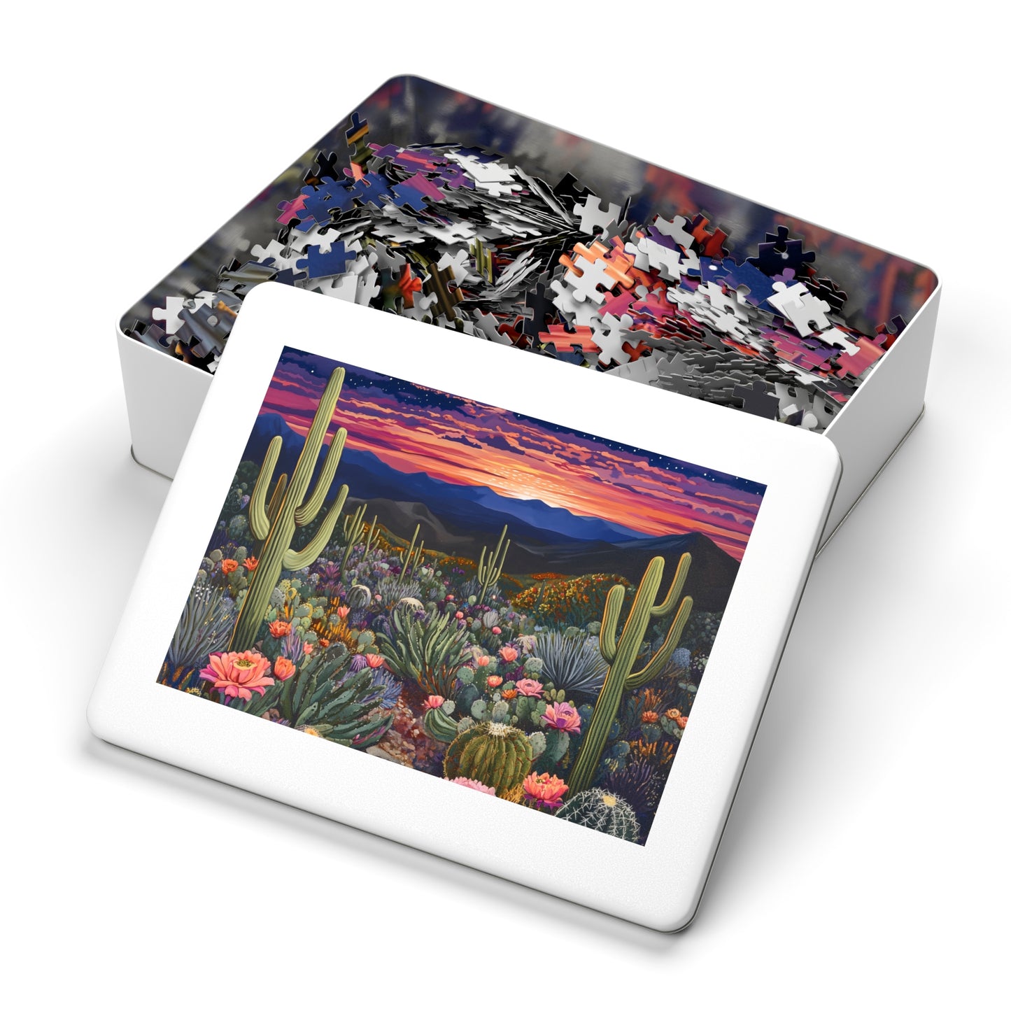 Desert Cactus Sunset Jigsaw Puzzle with Tin | Desert Landscape Puzzle