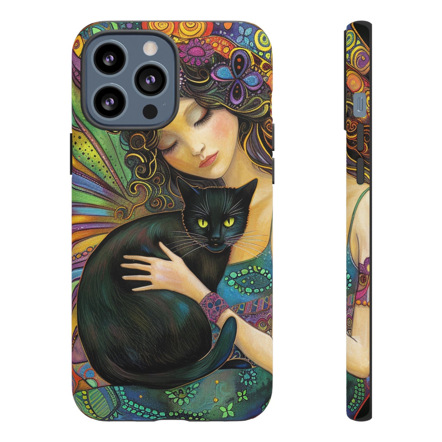 Artistic Phone Case, Celestial Cat Case, Bohemian Style, Gift for Cat Lovers, Unique Phone Protection, Colorful Design