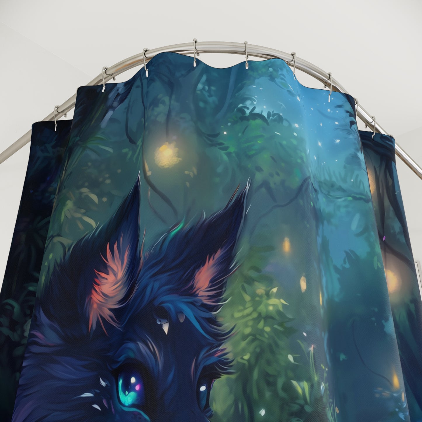 Mystical Forest Shower Curtain, Fantasy Bathroom Decor, Wolf Design, Nature-Inspired Home, Gift for Animal Lovers, Bohemian Decor