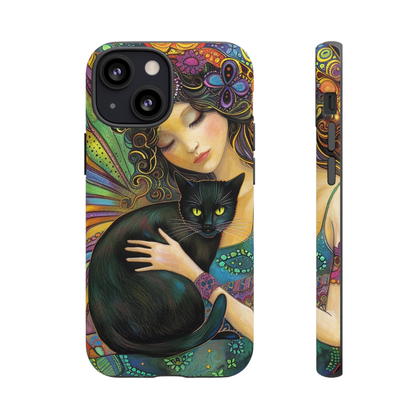 Artistic Phone Case, Celestial Cat Case, Bohemian Style, Gift for Cat Lovers, Unique Phone Protection, Colorful Design