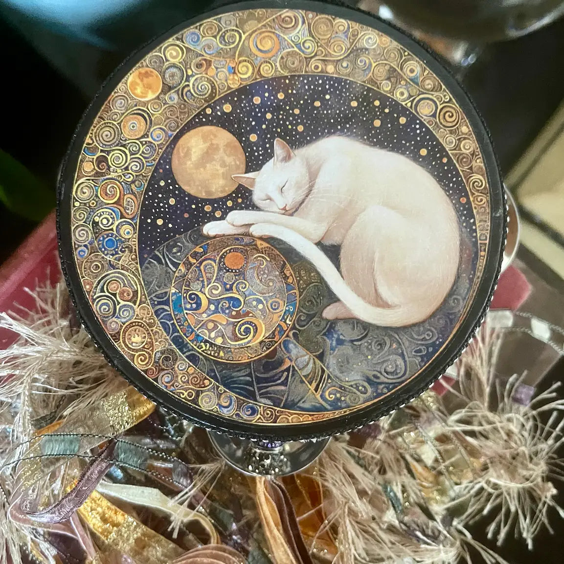 Mystical Moon Cat Tambourine and Ribbon Wall Accent