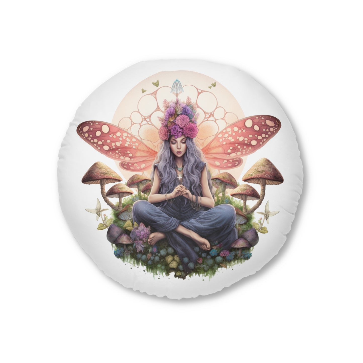 Bohemian Butterfly Tufted Floor Pillow, Round Decorative Cushion for Home Decor, Meditation, Relaxation, Gift