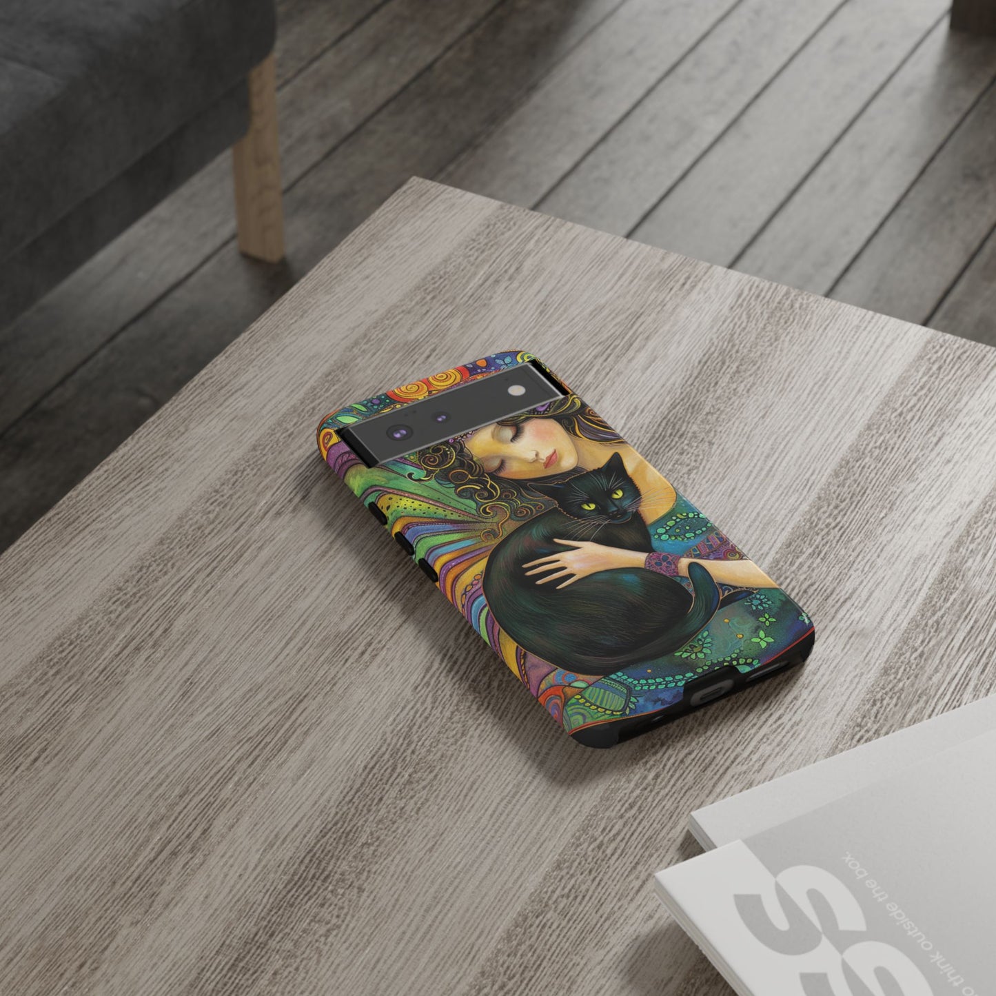 Artistic Phone Case, Celestial Cat Case, Bohemian Style, Gift for Cat Lovers, Unique Phone Protection, Colorful Design