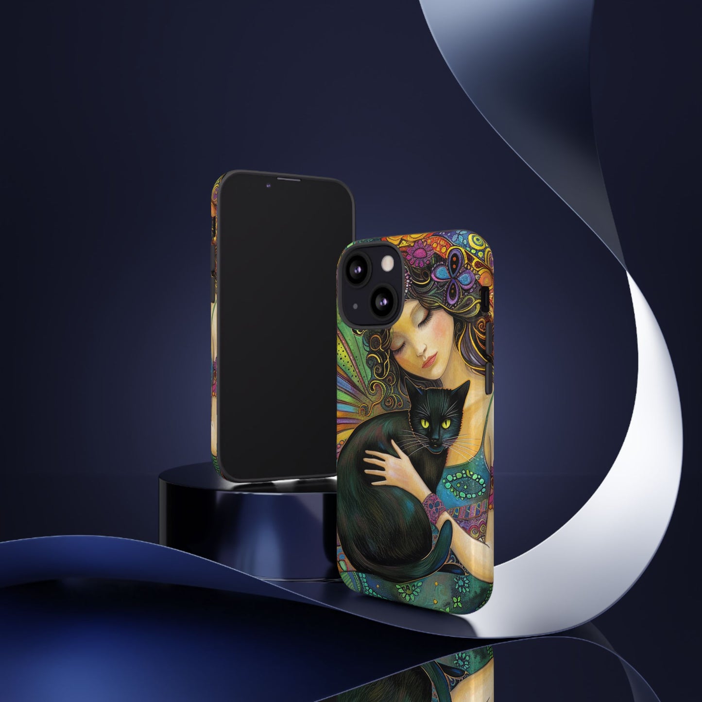 Artistic Phone Case, Celestial Cat Case, Bohemian Style, Gift for Cat Lovers, Unique Phone Protection, Colorful Design