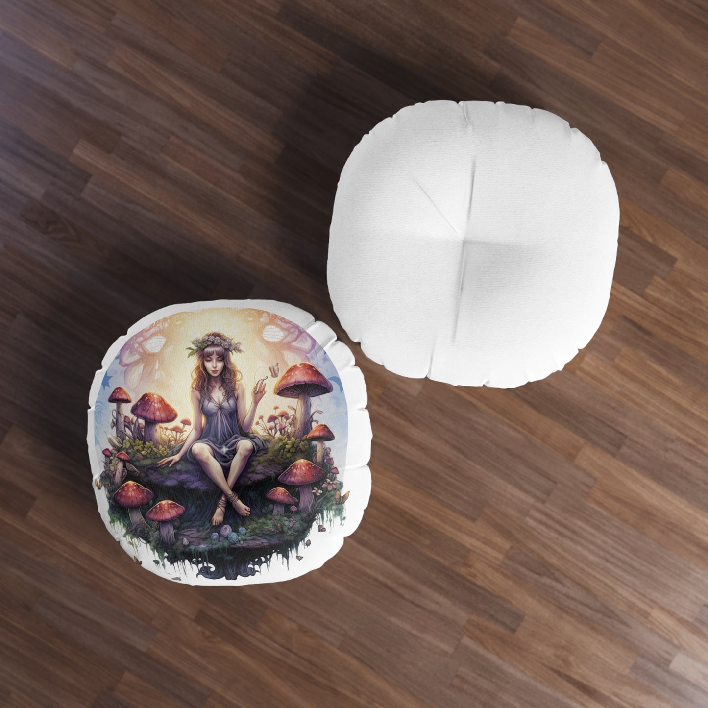 Enchanting Fairy Garden Tufted Floor Pillow, Round Cushion for Cozy Spaces, Bohemian Decor, Gift for Nature Lovers, Meditation Accessory