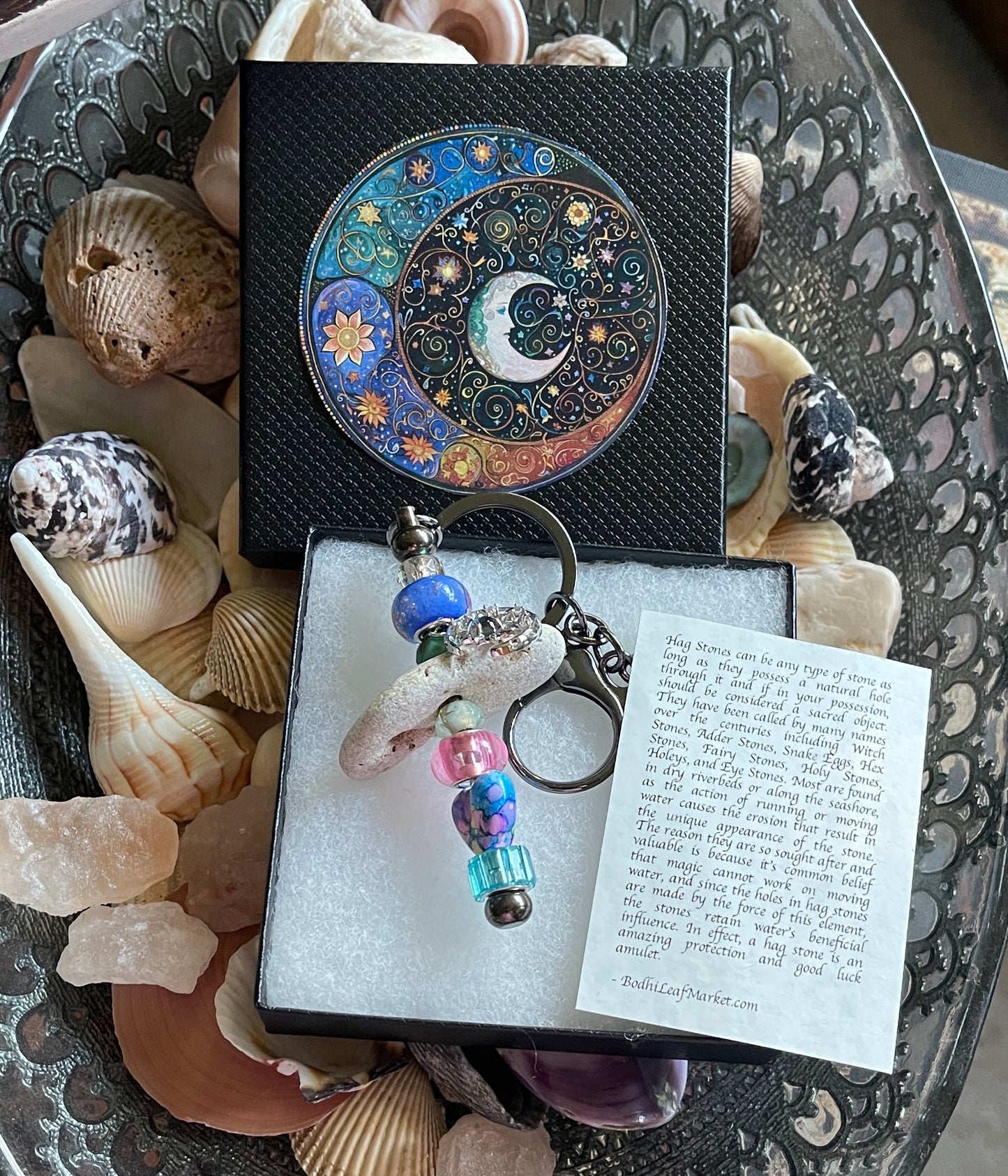 Colorful Beaded Keychain with Cosmic Design and Moon Charm