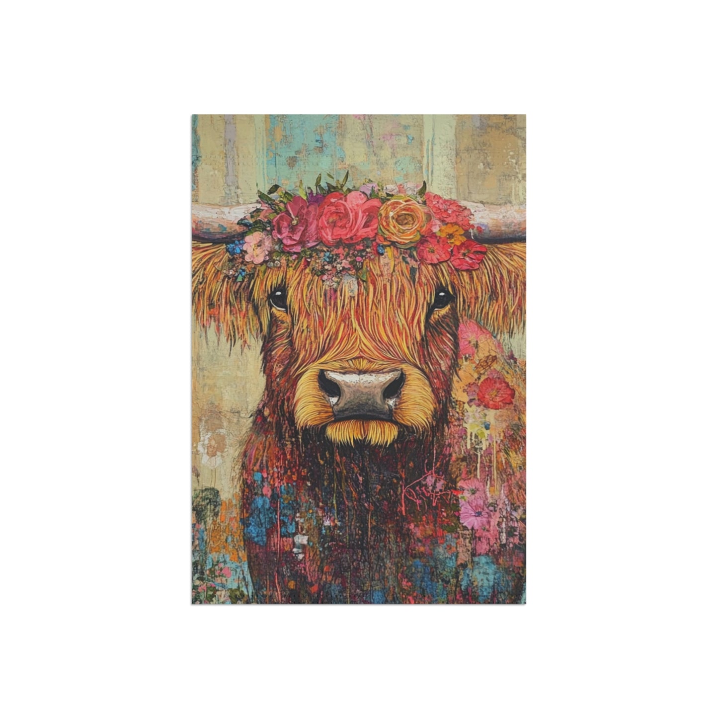 Floral Highland Cow Garden Banner, Outdoor Decor, Farmhouse Style Flag, Ranch Decor, Spring and Summer Decor, Gift for Garden Lovers