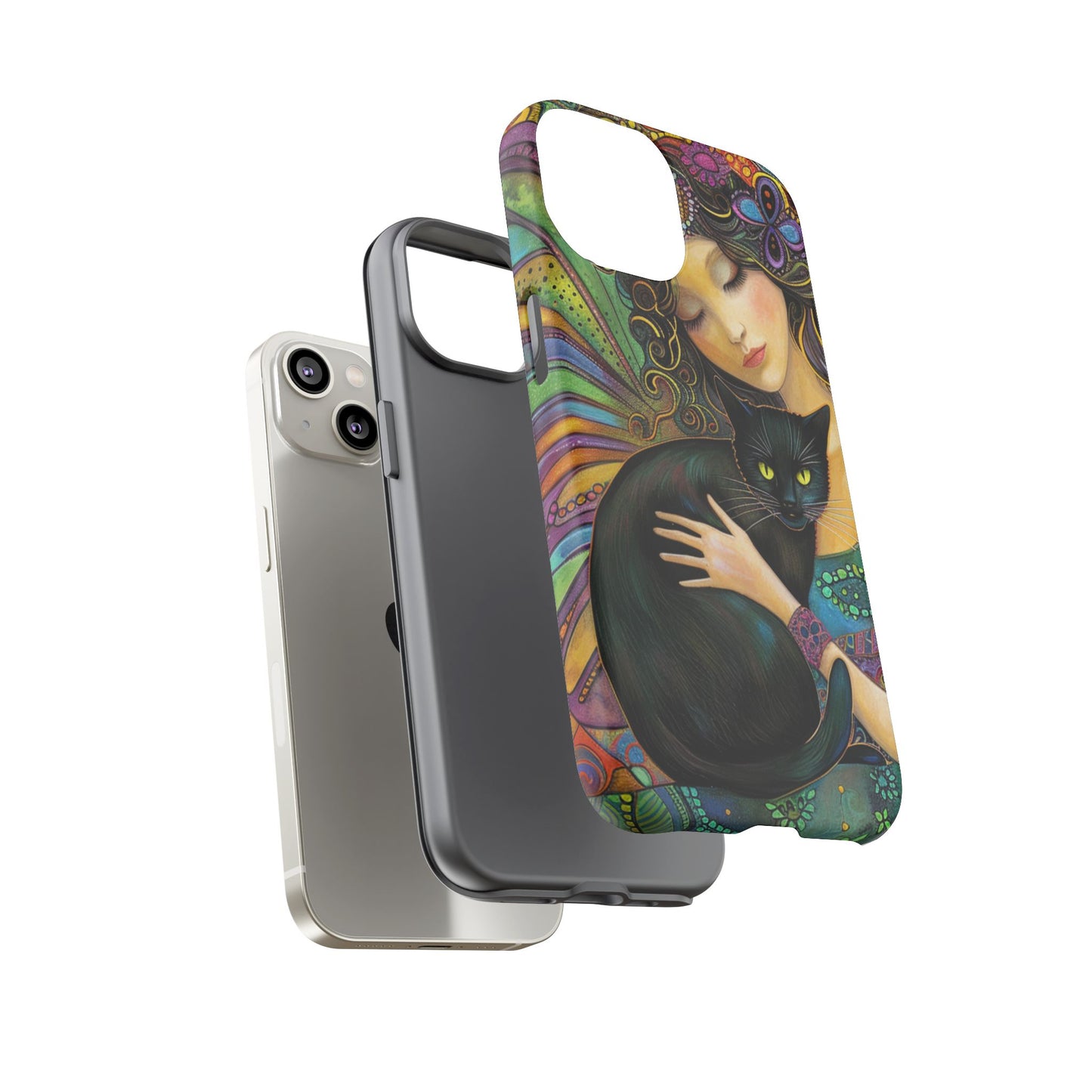 Artistic Phone Case, Celestial Cat Case, Bohemian Style, Gift for Cat Lovers, Unique Phone Protection, Colorful Design