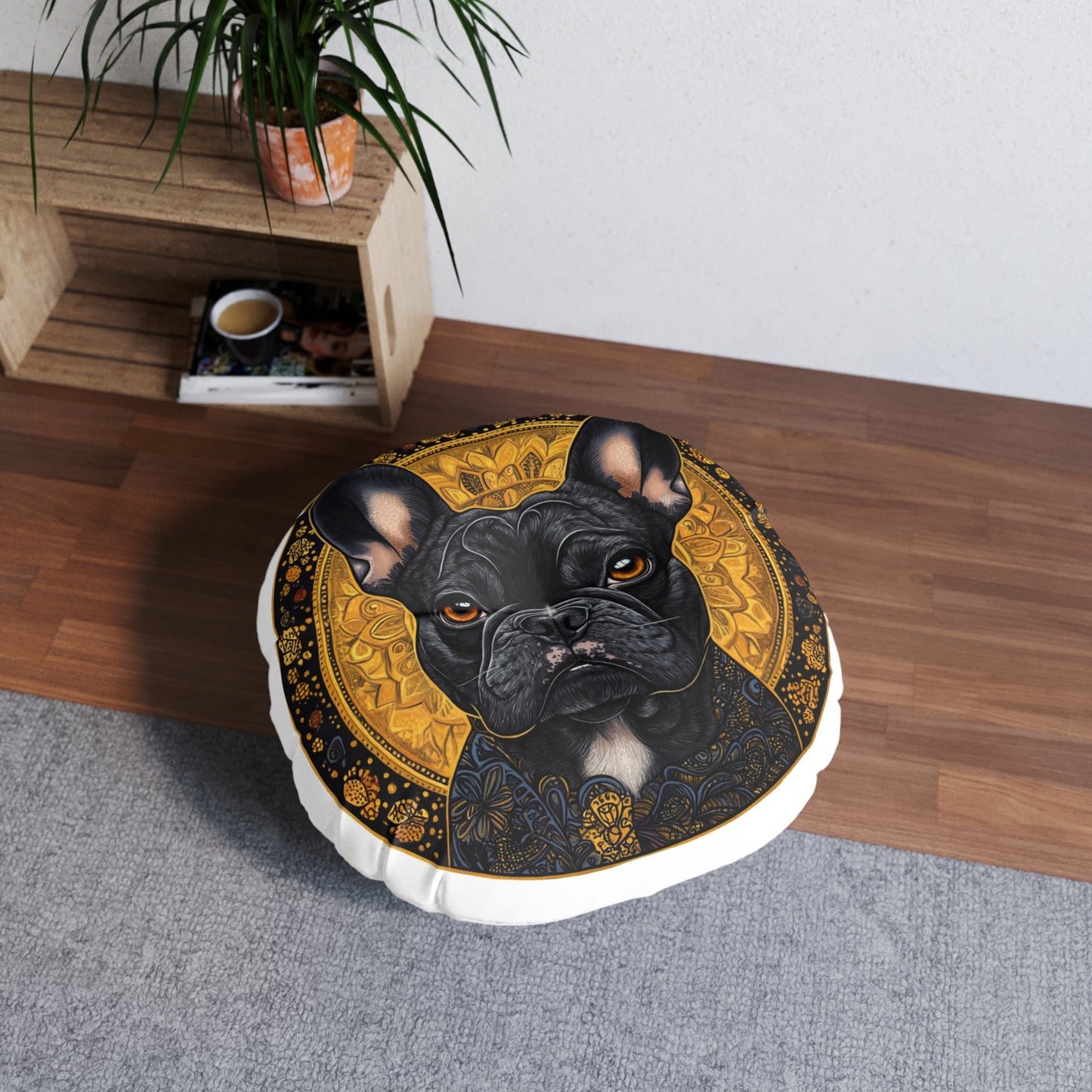French Bulldog Tufted Floor Pillow, Round Pet Decor, Boho Home Accent, Dog Lover Gift, Cozy Living Room Style
