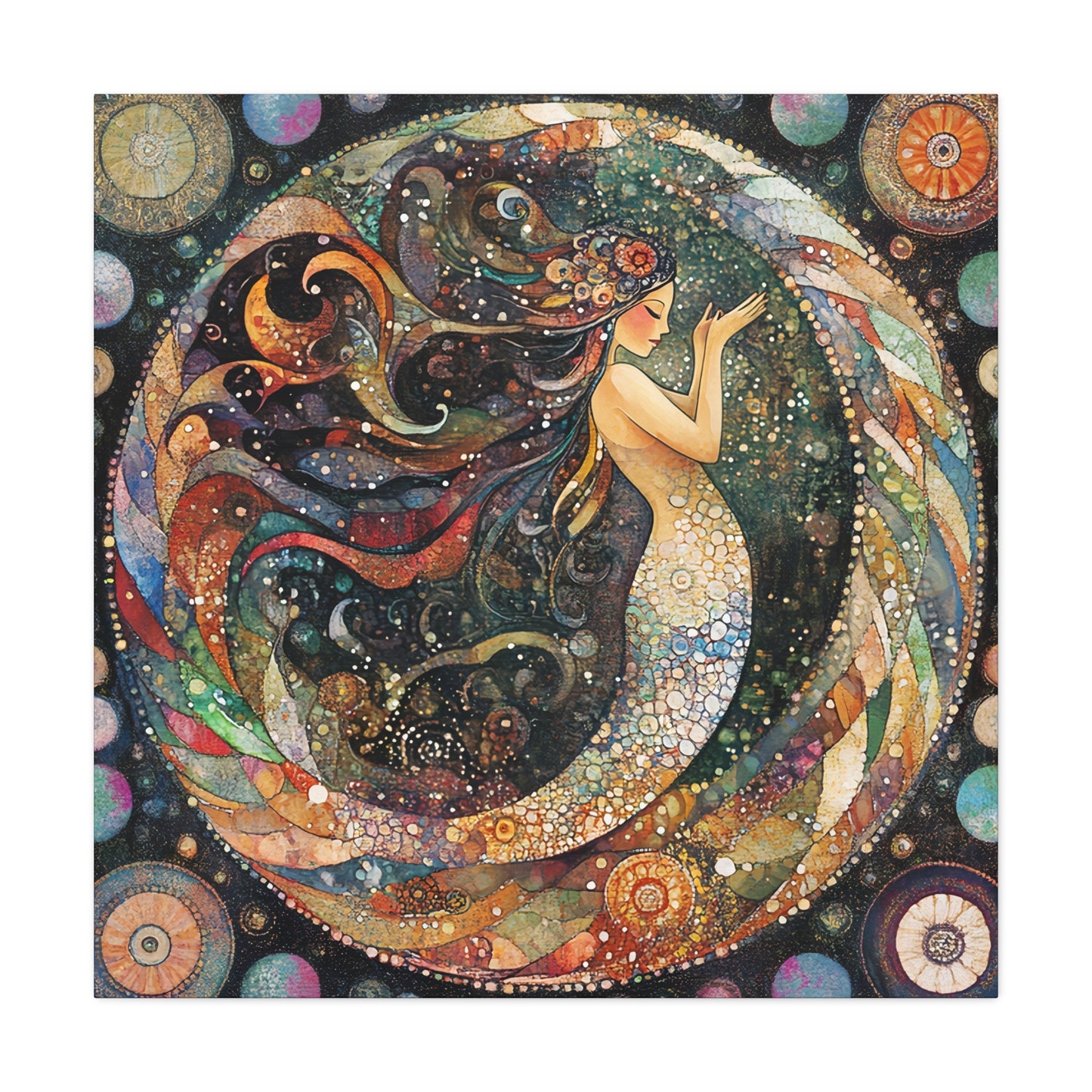 Autumnl Mermaid Canvas Art, Stretched Wall Decor, Bohemian Home Accent, Unique Gift for Sea Lovers, Nautical Art Piece, Coastal Room Decor