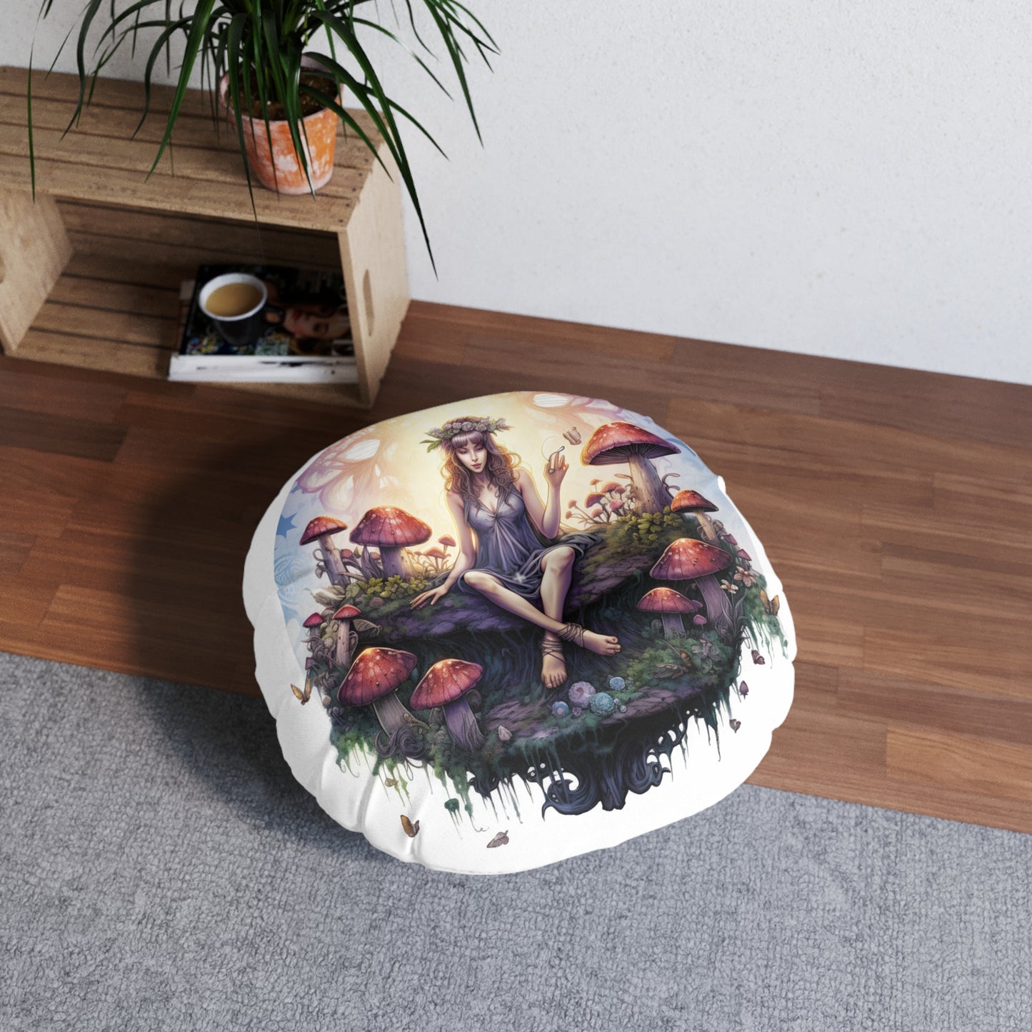 Enchanting Fairy Garden Tufted Floor Pillow, Round Cushion for Cozy Spaces, Bohemian Decor, Gift for Nature Lovers, Meditation Accessory