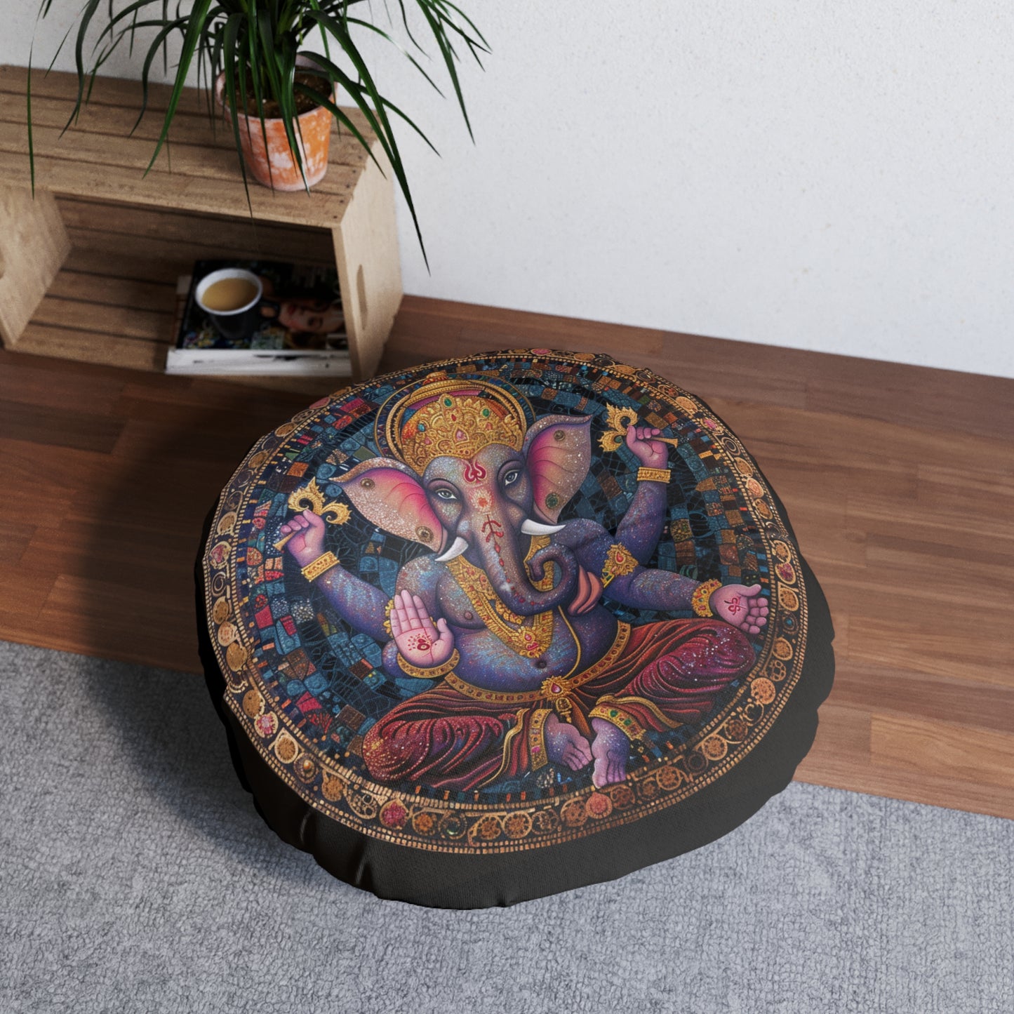 Ganesha Meditative Tufted Floor Pillow, Bohemian Decor, Round Cushion, Relaxation Seat, Yoga Mat Accessory, Ganesha Art Pillow