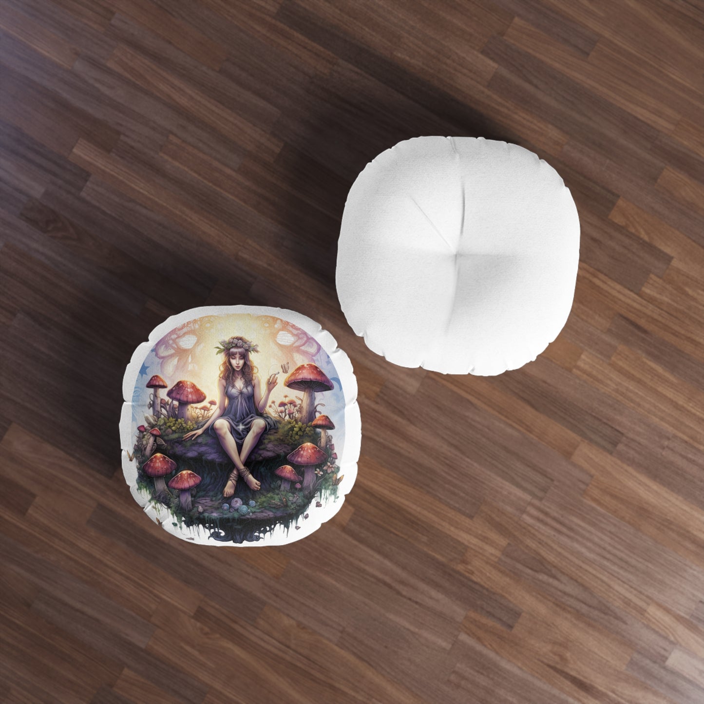 Enchanting Fairy Garden Tufted Floor Pillow, Round Cushion for Cozy Spaces, Bohemian Decor, Gift for Nature Lovers, Meditation Accessory
