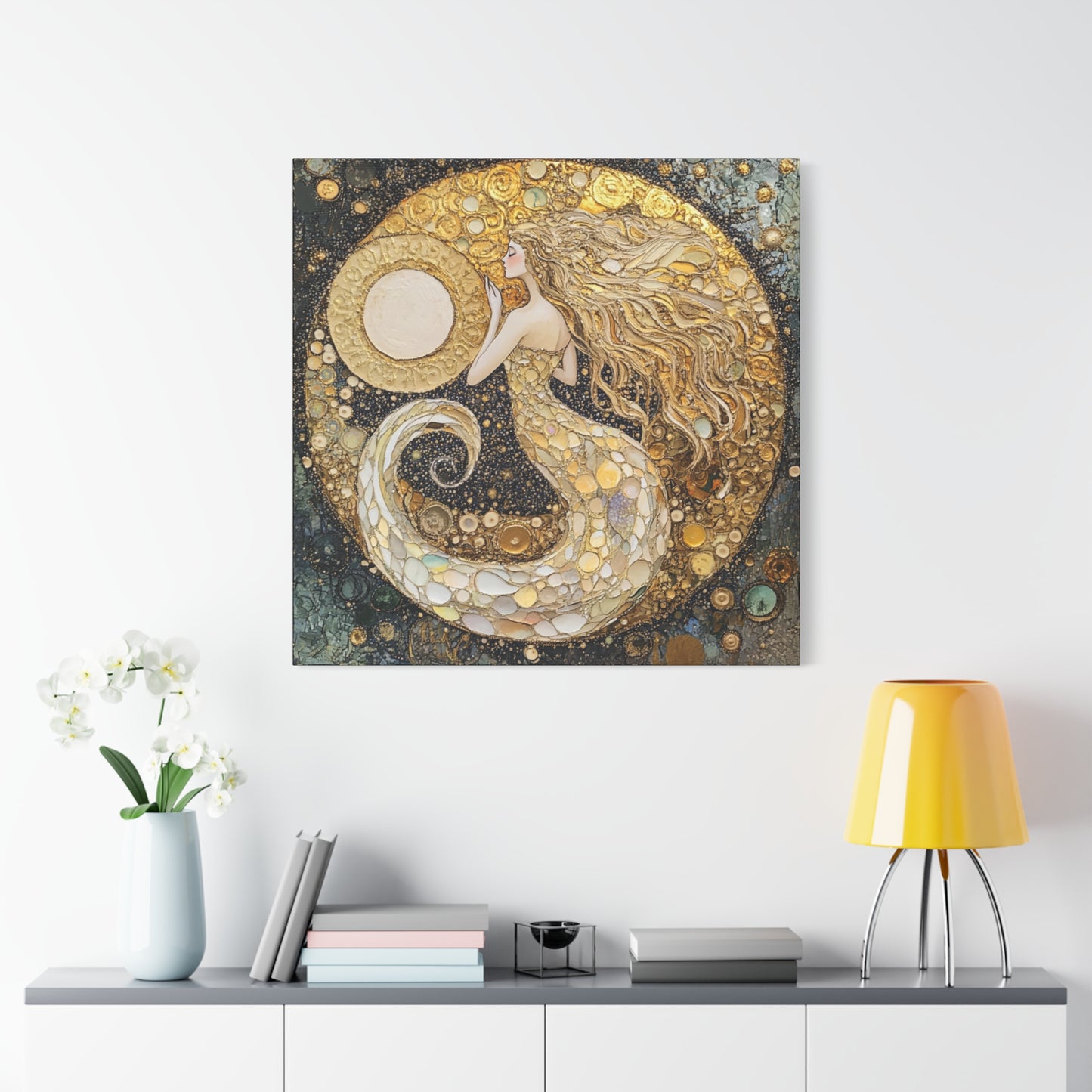 Mermaid Moon Art Canvas, Magical Home Decor, Coastal Vibes, Bohemian Wall Art, Gift for Sea Lovers, Nautical Aesthetic, Unique Art Piece