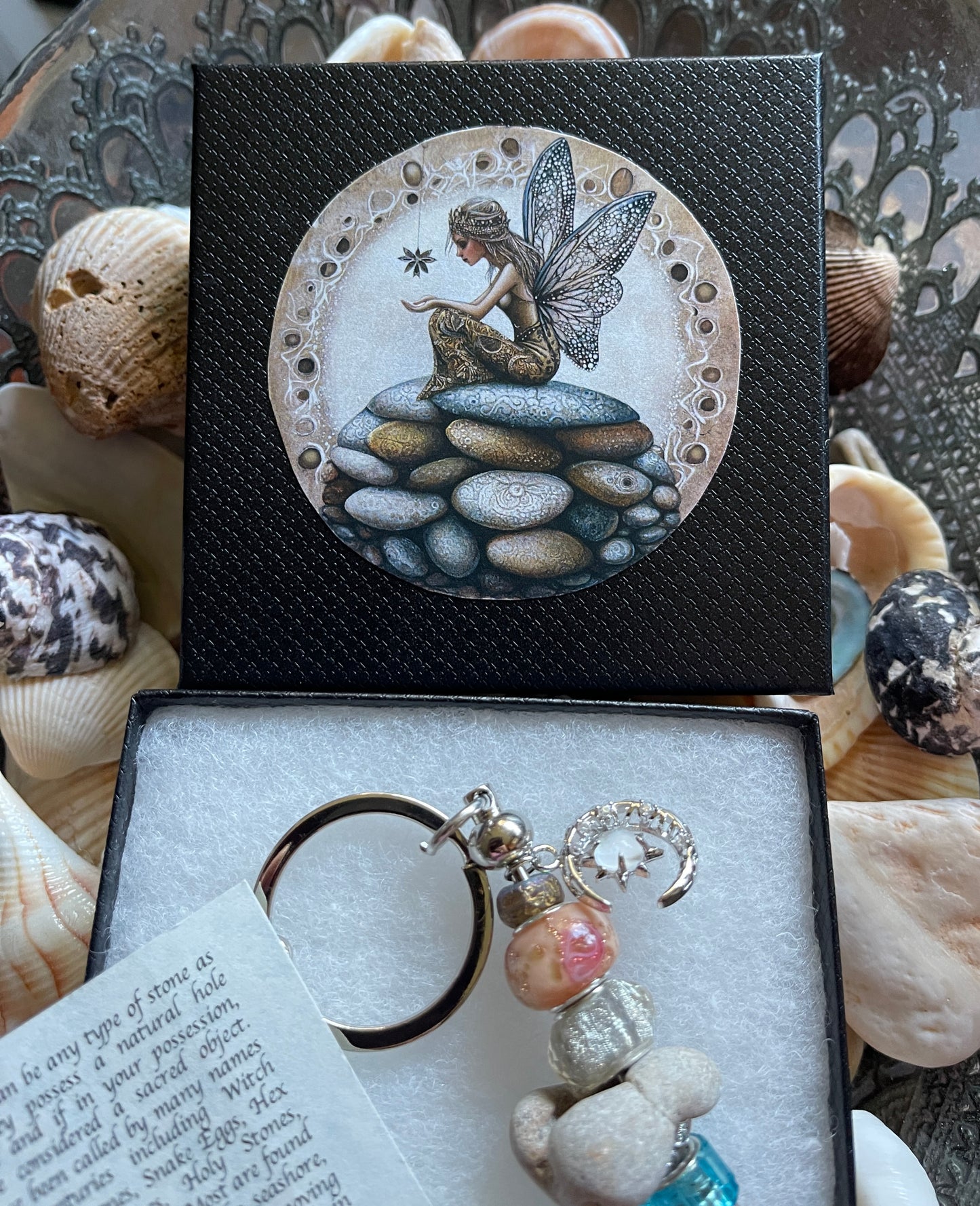 Stone Fairy Gift Box With Hagstone and Bead Keychain
