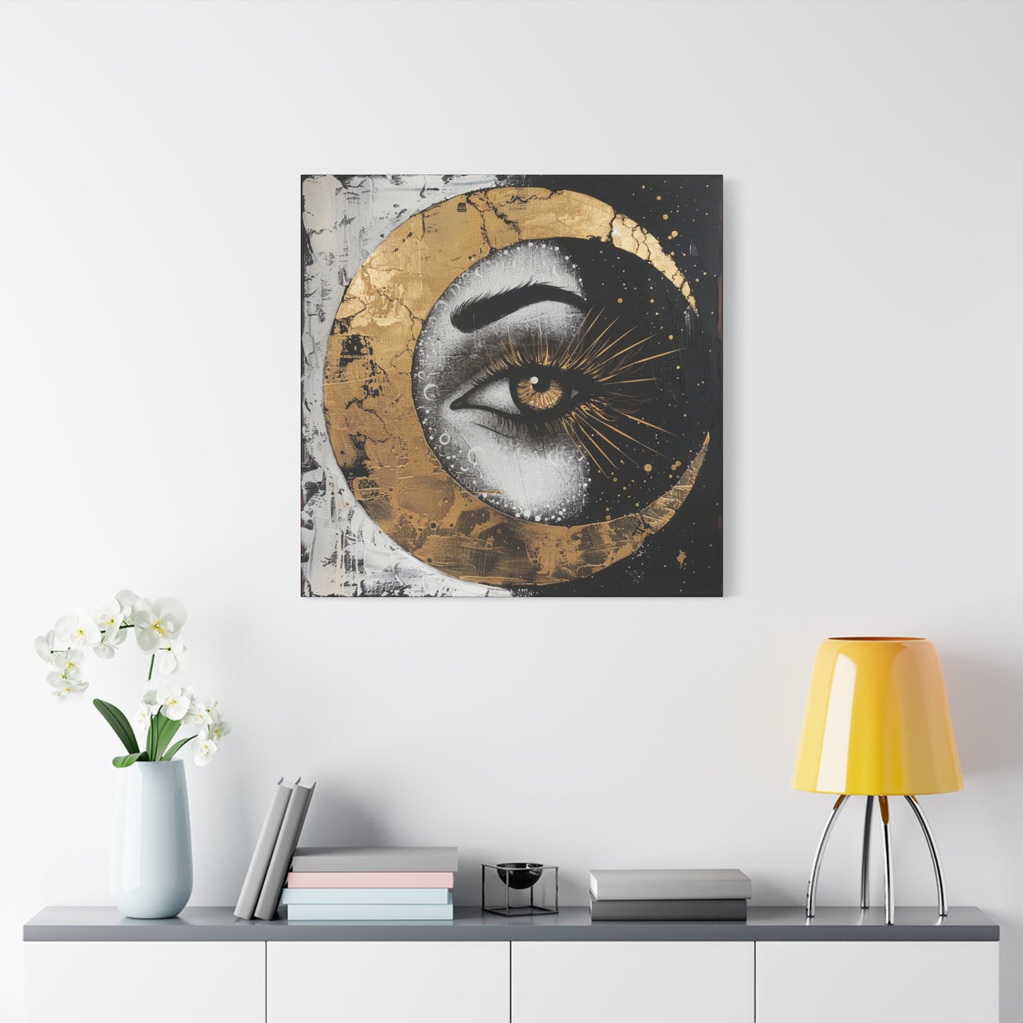 Celestial Eye Canvas Art, Gold Moon Wall Decor, Modern Home Aesthetic, Spiritual Artwork, Gift for Meditation, Boho Living Room Accent
