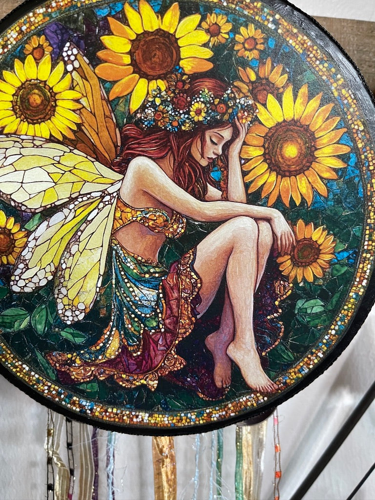 Sunflower Fairy Art Tambourine and Ribbon Wall Accent