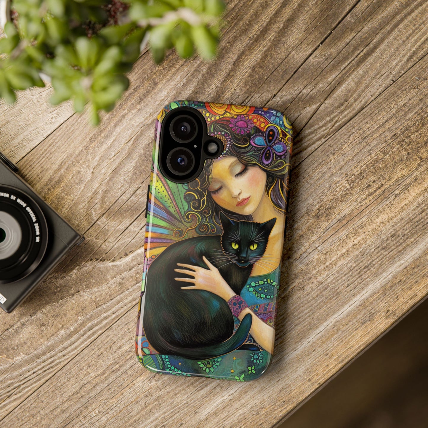 Artistic Phone Case, Celestial Cat Case, Bohemian Style, Gift for Cat Lovers, Unique Phone Protection, Colorful Design