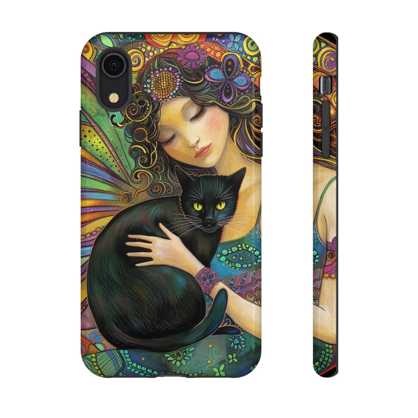 Artistic Phone Case, Celestial Cat Case, Bohemian Style, Gift for Cat Lovers, Unique Phone Protection, Colorful Design