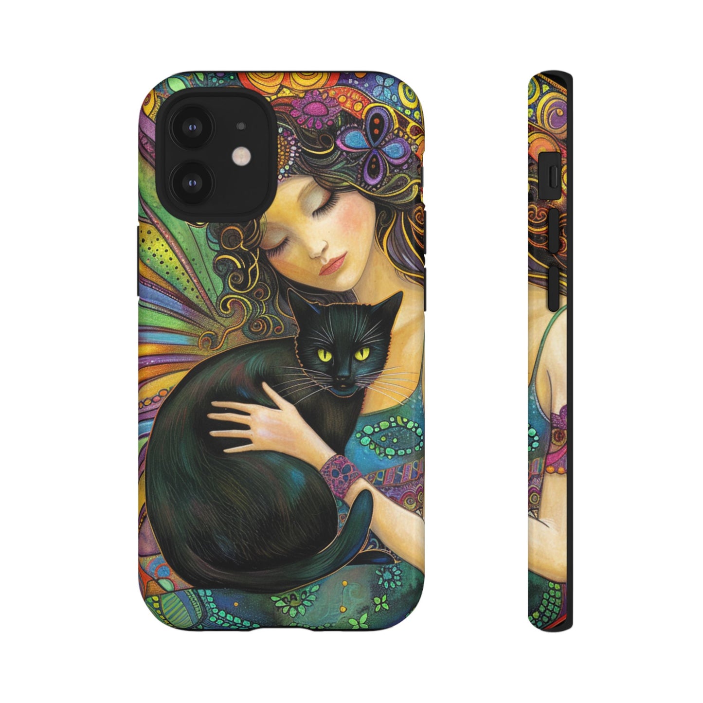 Artistic Phone Case, Celestial Cat Case, Bohemian Style, Gift for Cat Lovers, Unique Phone Protection, Colorful Design