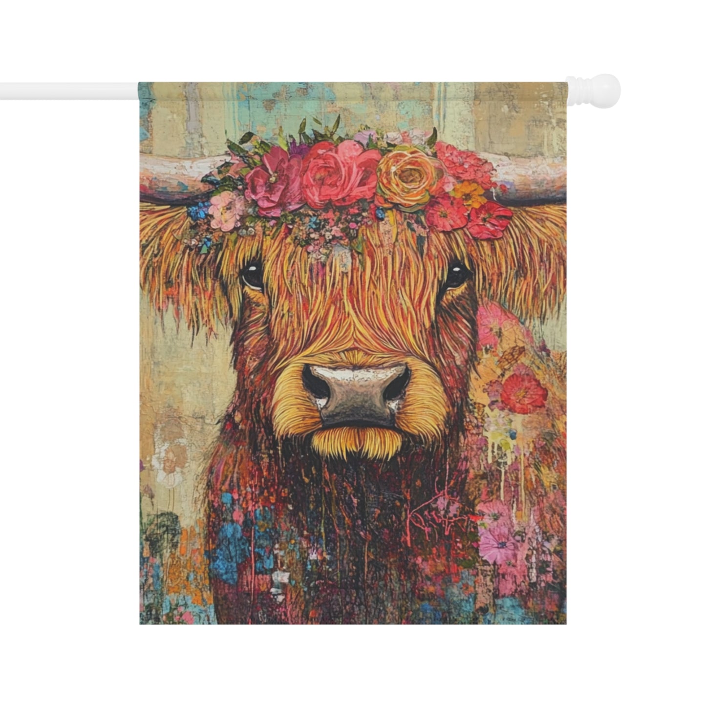Floral Highland Cow Garden Banner, Outdoor Decor, Farmhouse Style Flag, Ranch Decor, Spring and Summer Decor, Gift for Garden Lovers