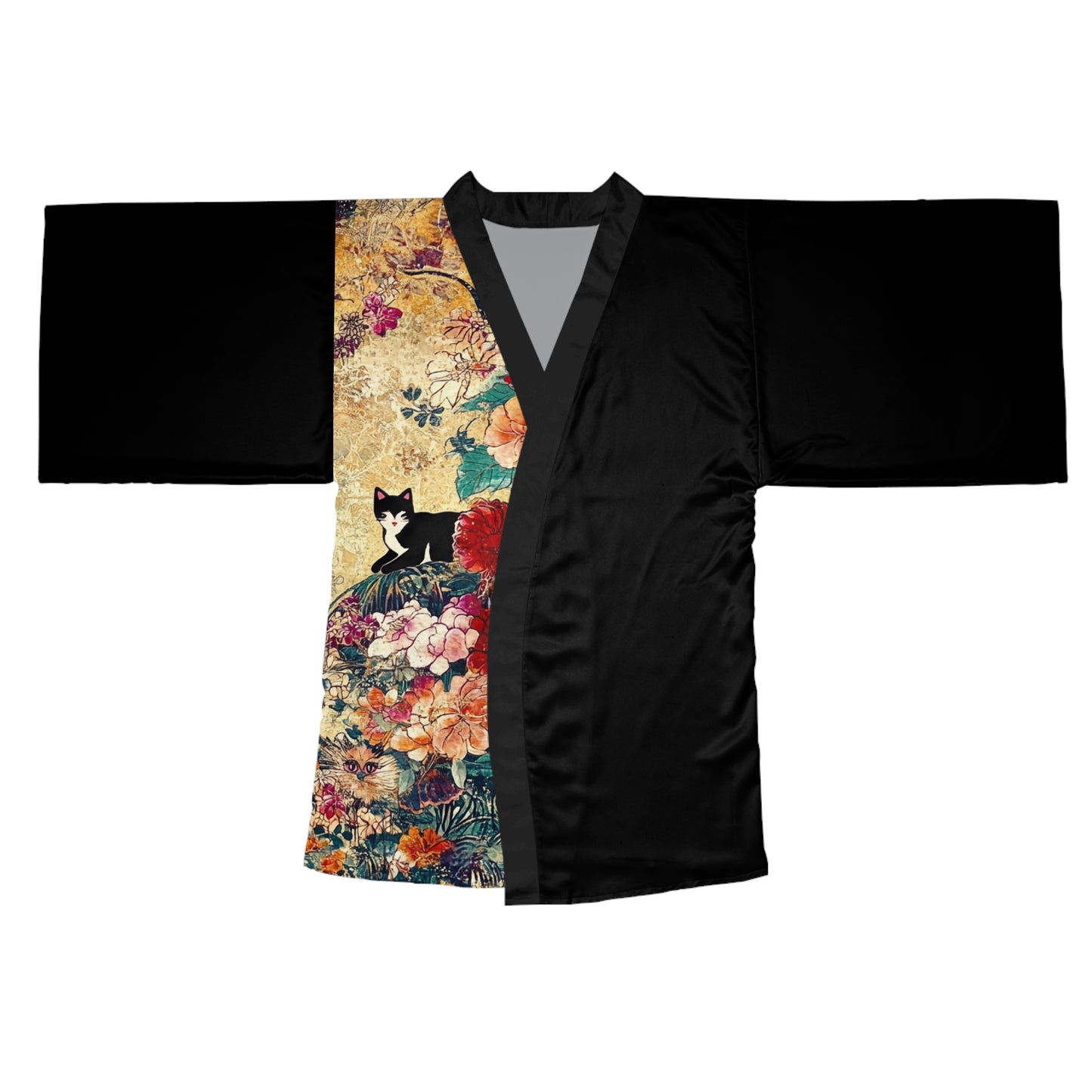 Geisha Cat Elegant Long Sleeve Kimono Robe, Cat-Themed Loungewear, Perfect for Relaxation, Gift for Cat Lovers, Cozy Home Decor