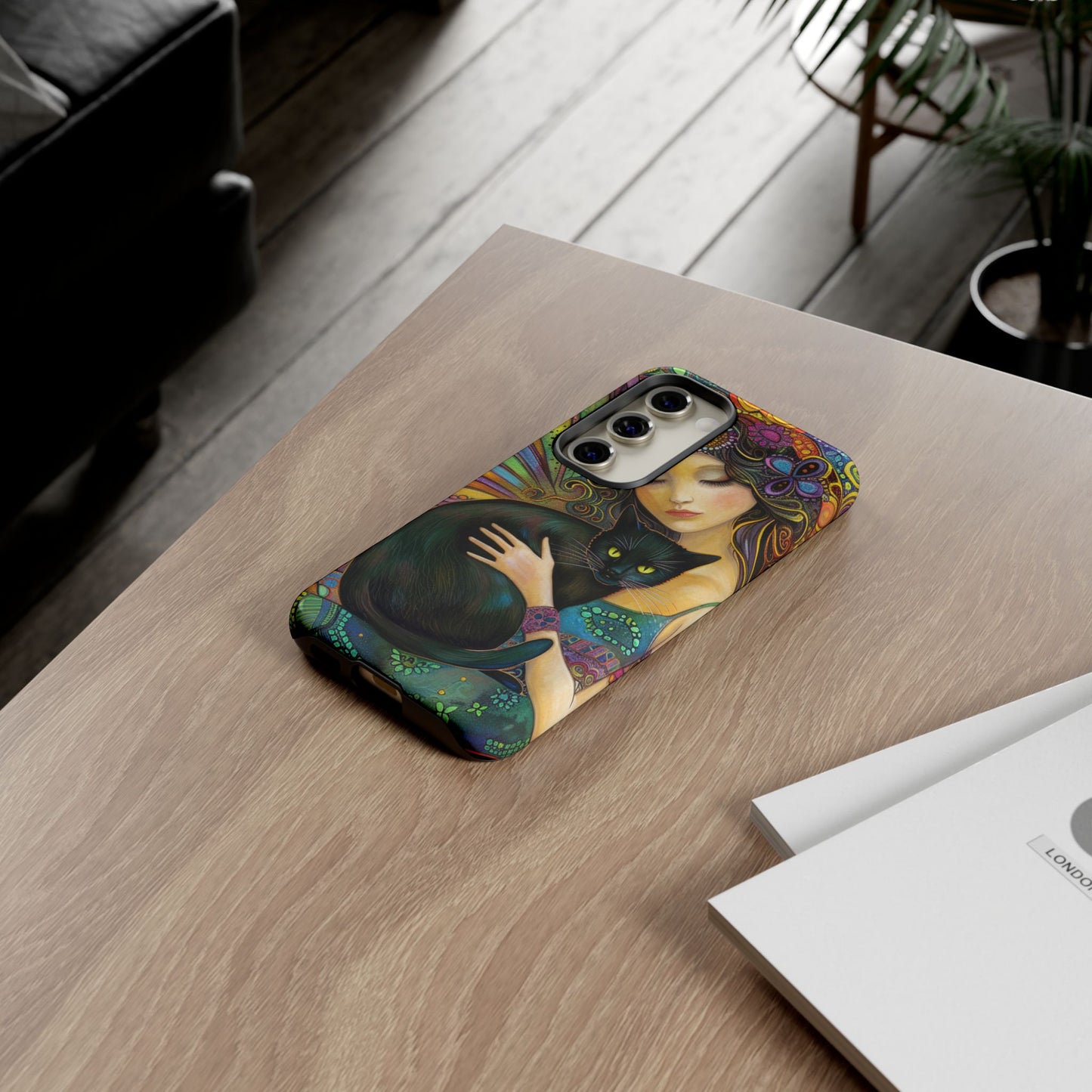 Artistic Phone Case, Celestial Cat Case, Bohemian Style, Gift for Cat Lovers, Unique Phone Protection, Colorful Design