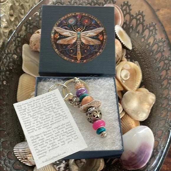 Elegant Bead and Hagstone Keychain with Dragonfly Gift Box, Bodhi Magic
