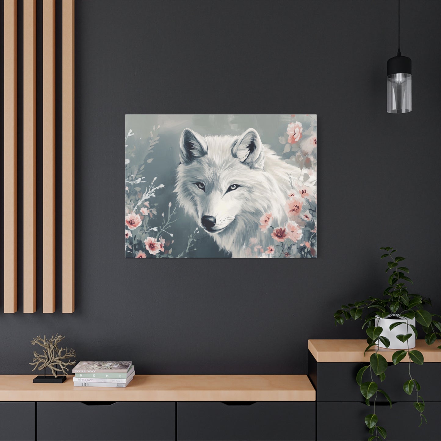 White Wolf Art Canvas Print, Nature Wall Decor, Floral Artwork, Animal Lover Gift, Home Decoration, Wildlife Art