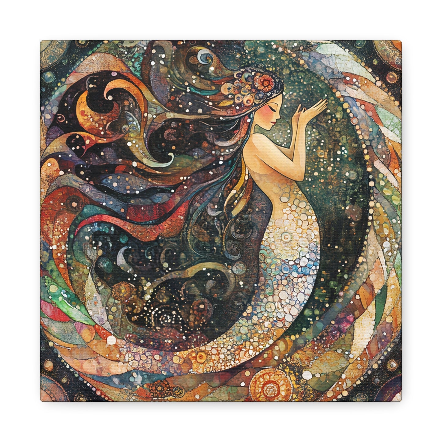Autumnl Mermaid Canvas Art, Stretched Wall Decor, Bohemian Home Accent, Unique Gift for Sea Lovers, Nautical Art Piece, Coastal Room Decor