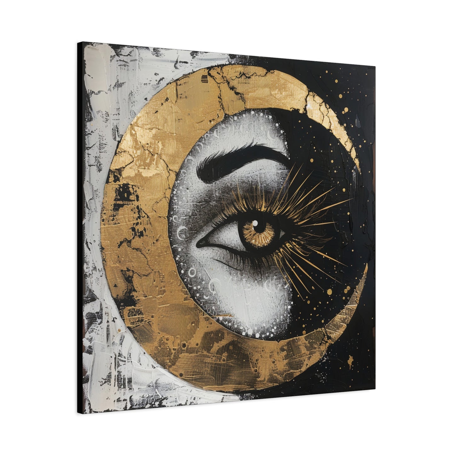 Celestial Eye Canvas Art, Gold Moon Wall Decor, Modern Home Aesthetic, Spiritual Artwork, Gift for Meditation, Boho Living Room Accent