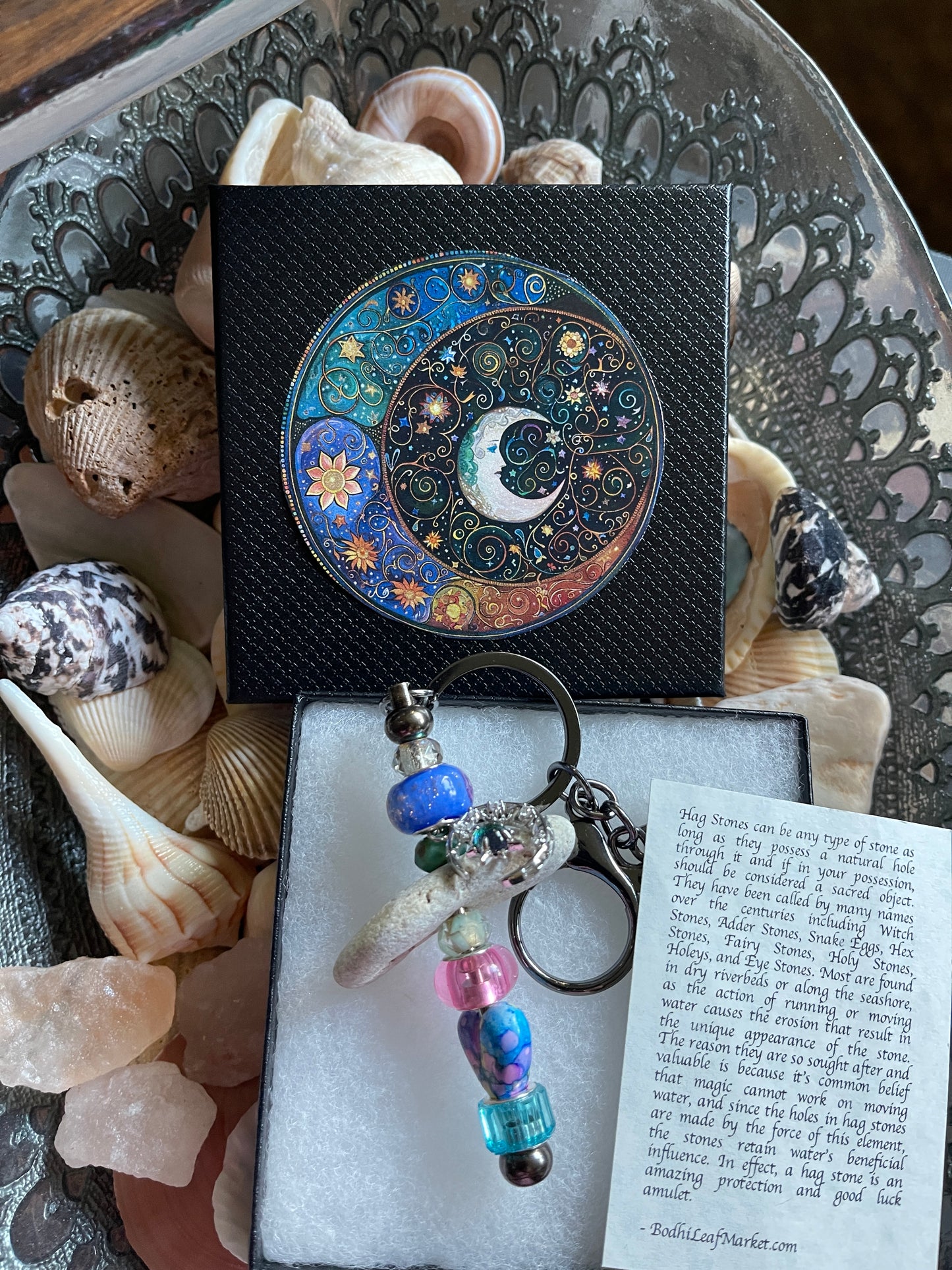 Colorful Beaded Keychain with Cosmic Design and Moon Charm