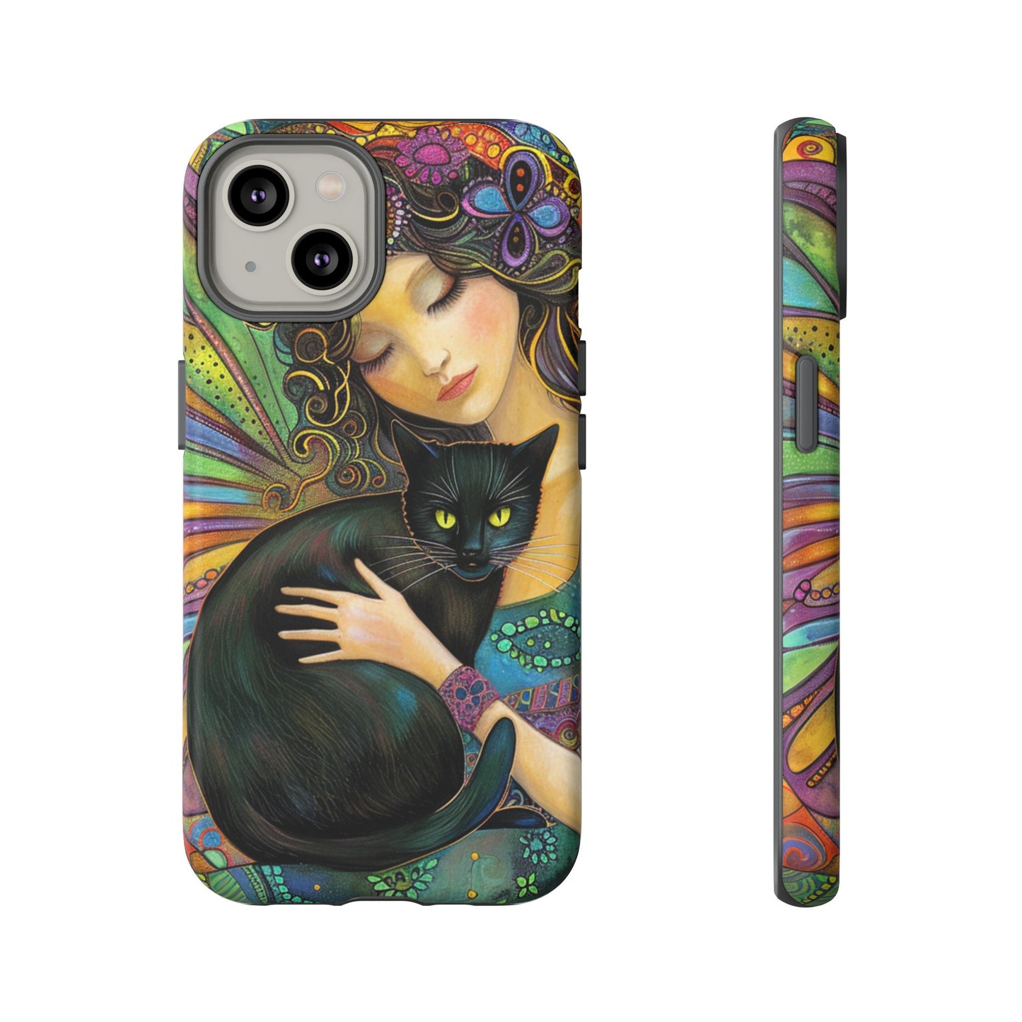 Artistic Phone Case, Celestial Cat Case, Bohemian Style, Gift for Cat Lovers, Unique Phone Protection, Colorful Design