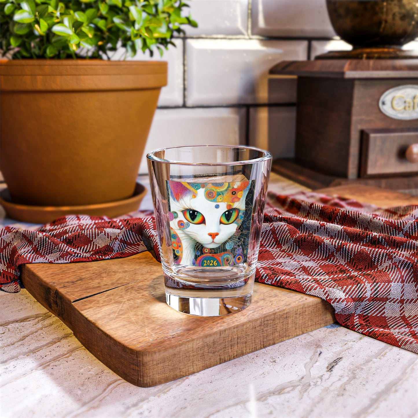 Happy New Year Shot Glass White Cat Artwork Shot Glass | Colorful Retro Cat 1.5oz