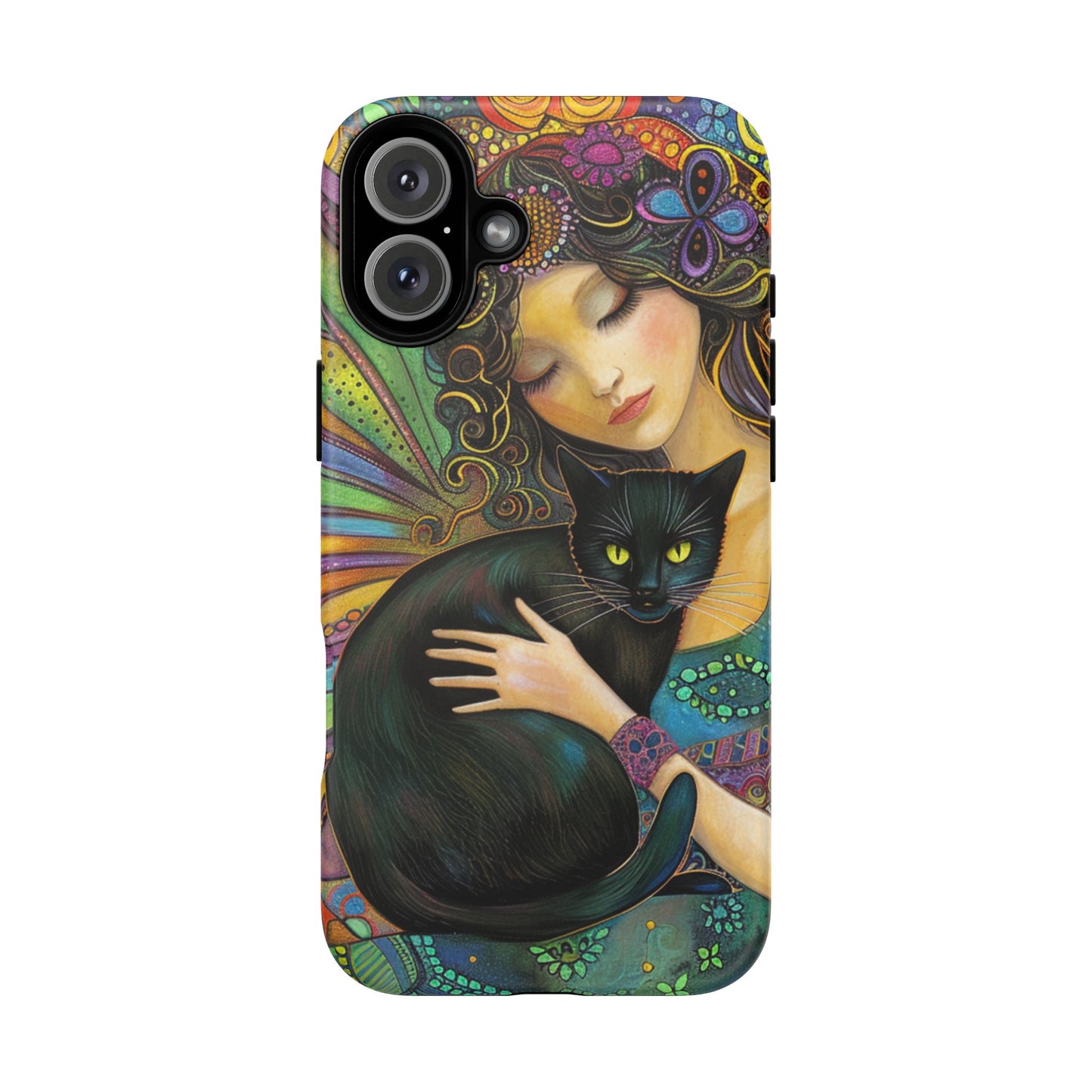 Artistic Phone Case, Celestial Cat Case, Bohemian Style, Gift for Cat Lovers, Unique Phone Protection, Colorful Design