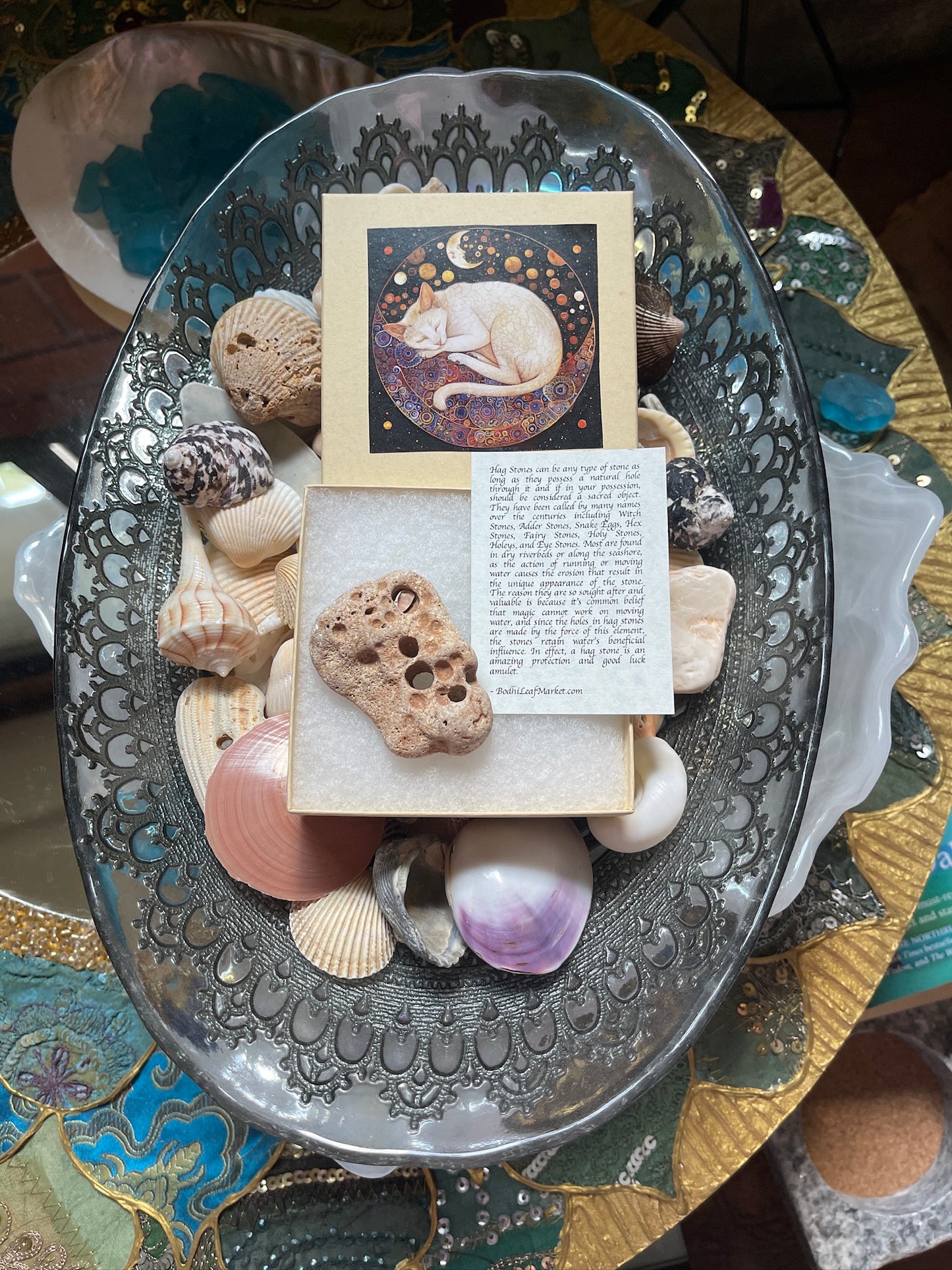Unique Beige Hagstone with Mystical Cat Gift Box