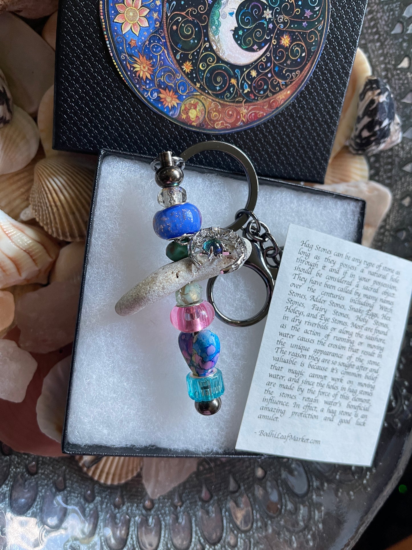 Colorful Beaded Keychain with Cosmic Design and Moon Charm