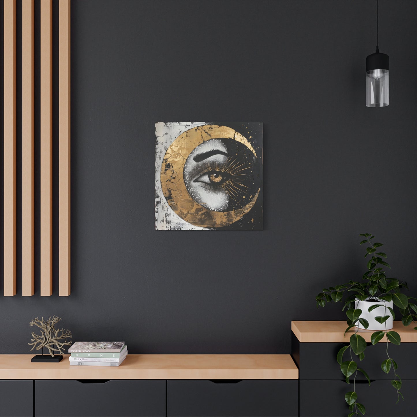 Celestial Eye Canvas Art, Gold Moon Wall Decor, Modern Home Aesthetic, Spiritual Artwork, Gift for Meditation, Boho Living Room Accent