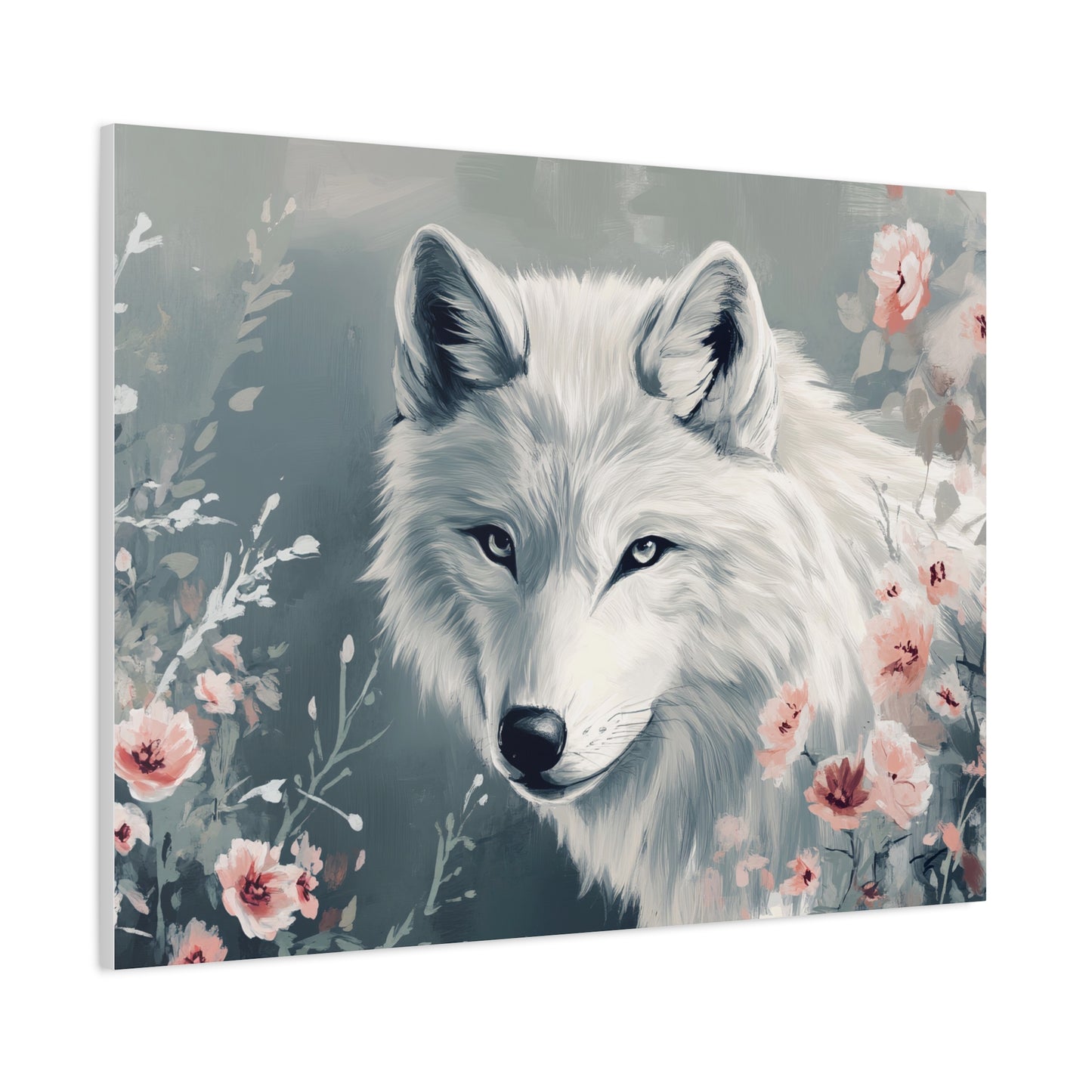 White Wolf Art Canvas Print, Nature Wall Decor, Floral Artwork, Animal Lover Gift, Home Decoration, Wildlife Art