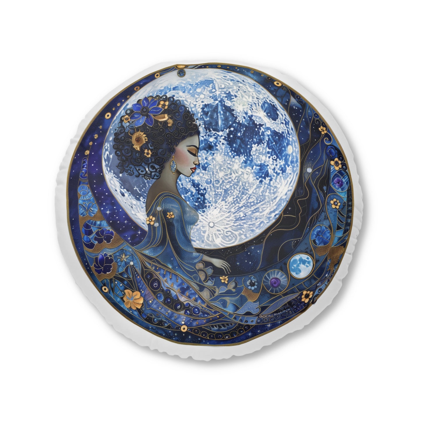 Blue Moon Goddess Tufted Floor Pillow, Round - Moon Goddess Decor, Bohemian Home Accent, Cozy Living Space, Gift for Her