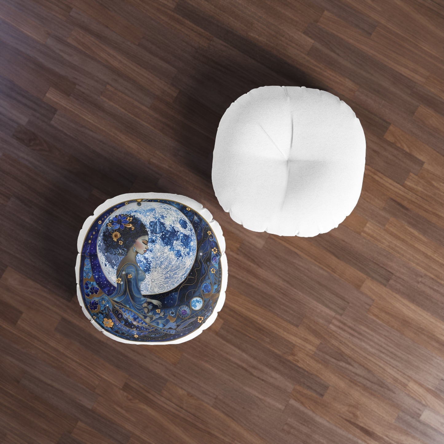Blue Moon Goddess Tufted Floor Pillow, Round - Moon Goddess Decor, Bohemian Home Accent, Cozy Living Space, Gift for Her