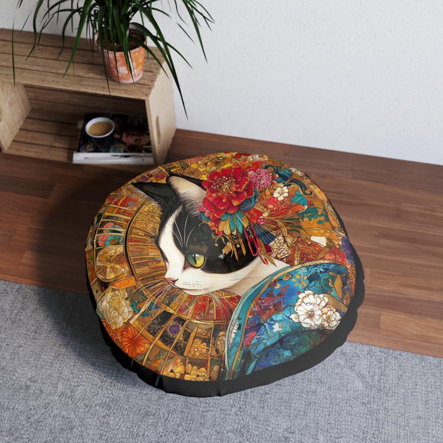 Elegant Geisha Cat Tufted Floor Pillow, Round, Cozy Home Decor, Cat Lover Gift, Boho Style Cushion, Unique Art Accent