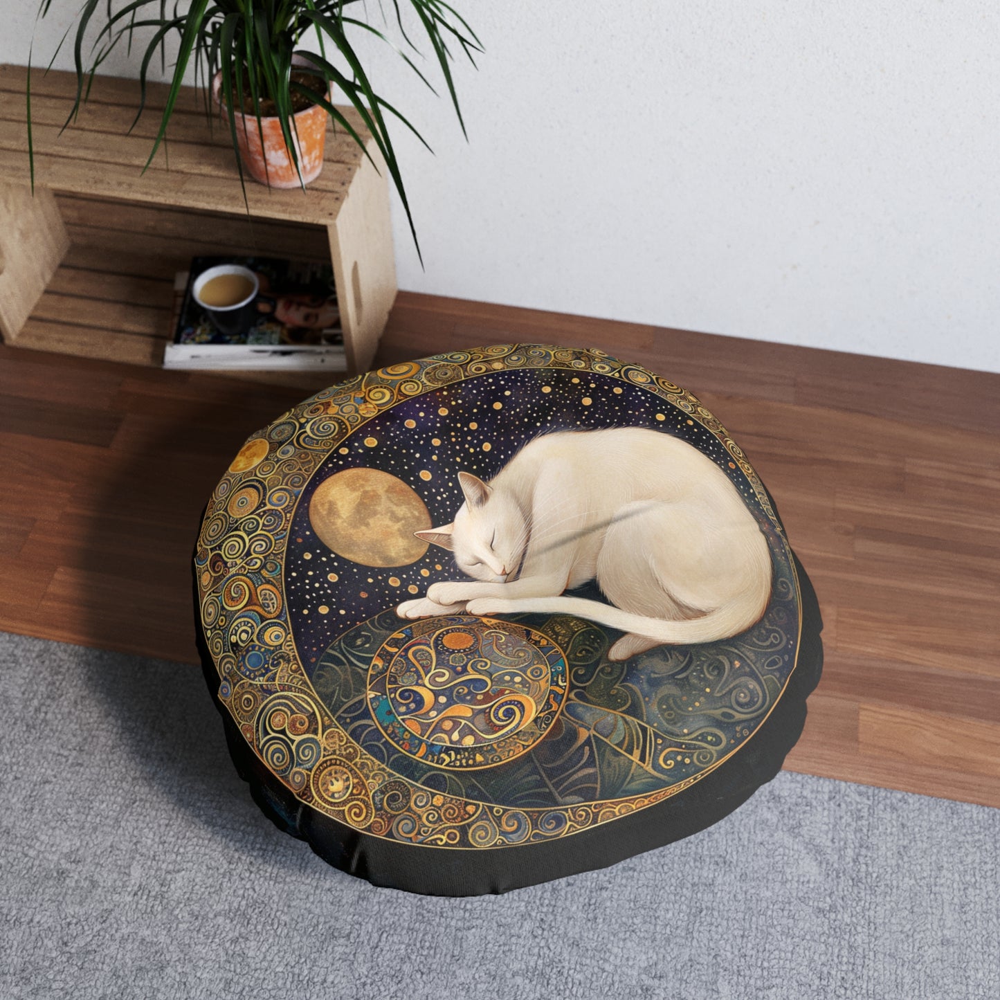 Dreamy Celestial Cat Tufted Floor Pillow, Bohemian Home Decor, Cozy