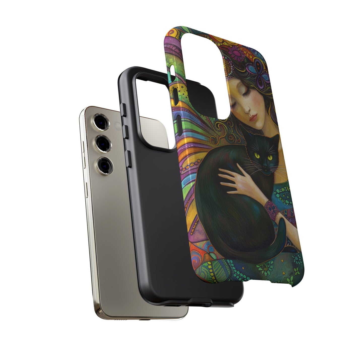 Artistic Phone Case, Celestial Cat Case, Bohemian Style, Gift for Cat Lovers, Unique Phone Protection, Colorful Design